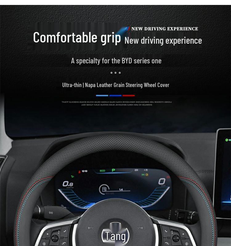 BYD New Energy Genuine Leather Steering Wheel Cover - Ultra-thin, All-season for Han, Tang, Qin, Song, MAX, Yuan, E2F3 models.