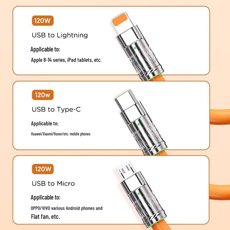 120W Fast Charging 3-in-1 Data Cable for Apple, Vivo, Huawei, and Android Phones