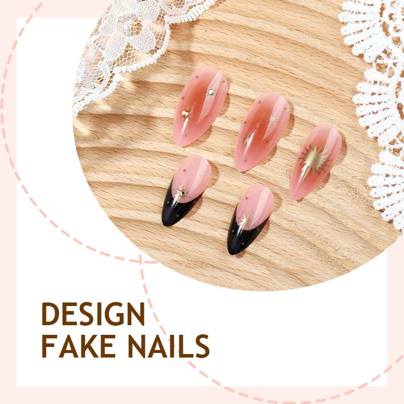 Cross-border wholesale light luxury black gold gradual change sunflower nail art pieces stars shining diamond decoration wear nail fake nails