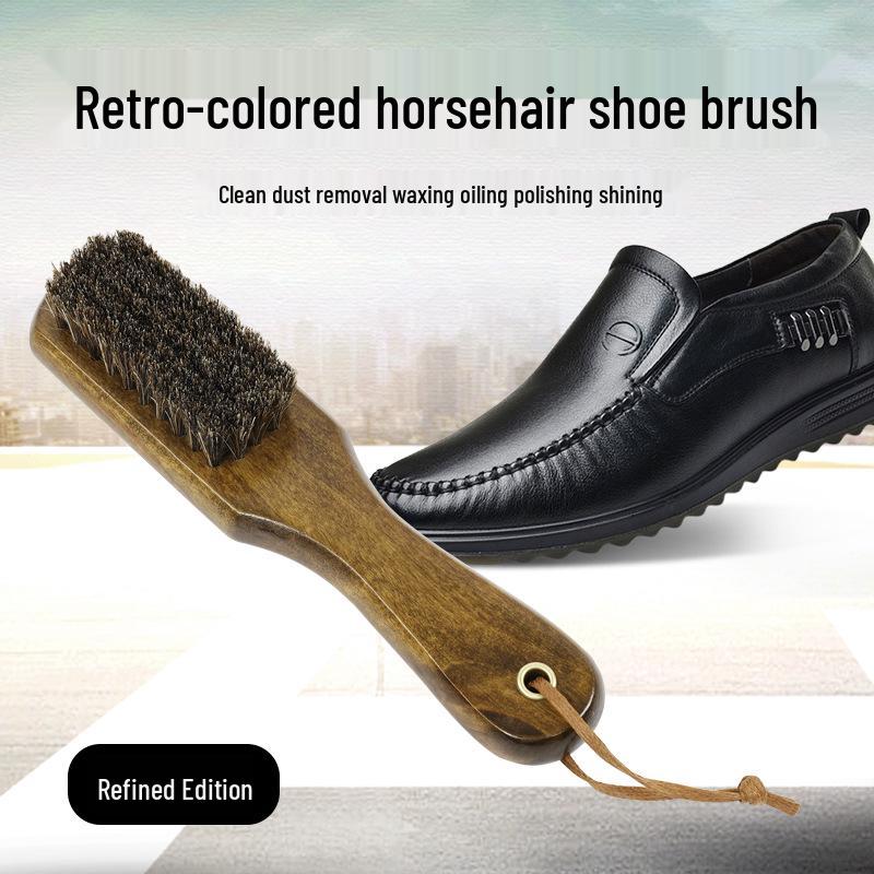 Retro Shoe Brush with Soft Horsehair Bristles for Polishing and Dust Removal on Leather Shoes - Durable Solid Wood Handle