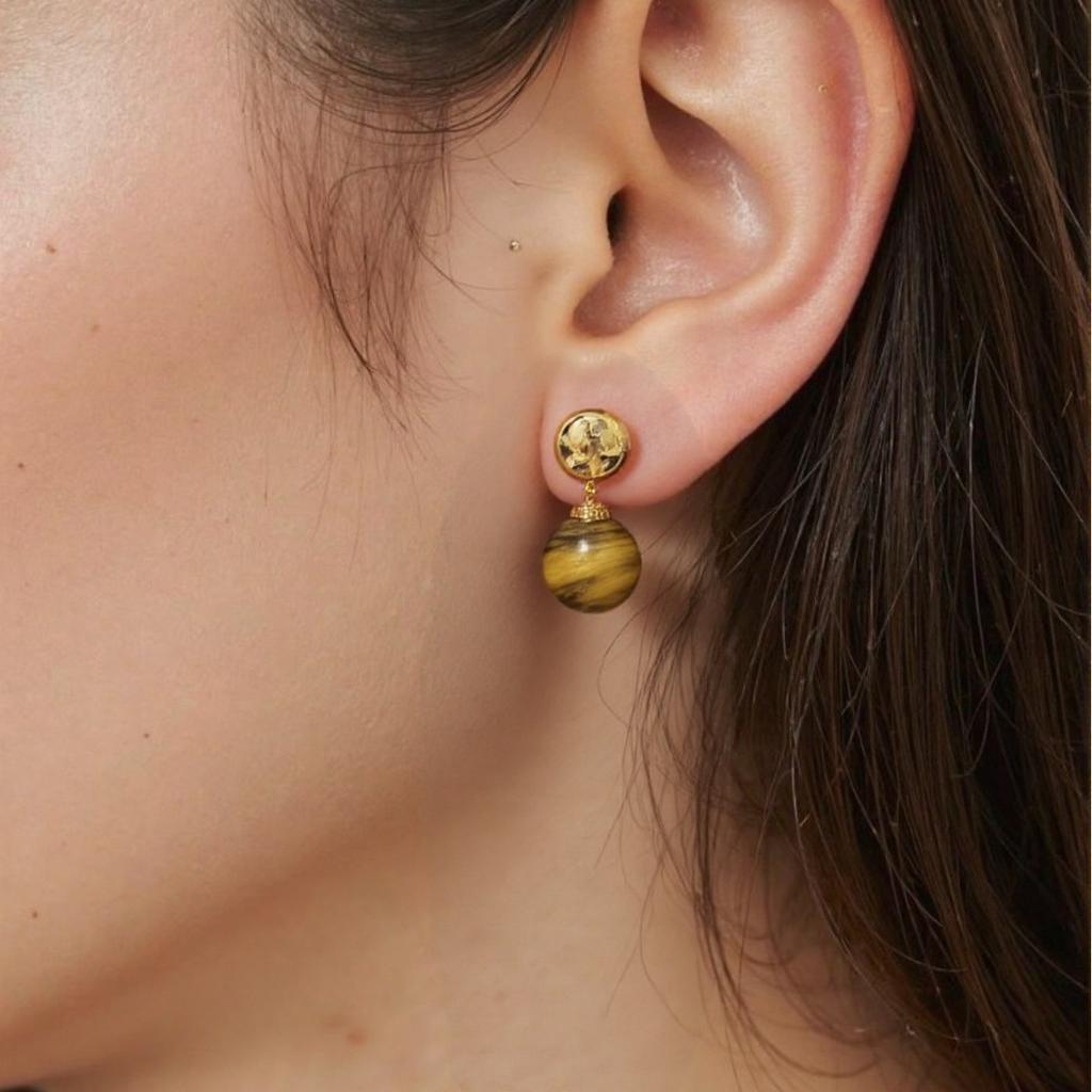 Orecchini a lobo colorati in Argento Sterling S925 Agata Rossa Naturale Agata Nera Giada Verde + Occhio di Tigre Tesoro Tendenza Donna Orecchini a Sfera