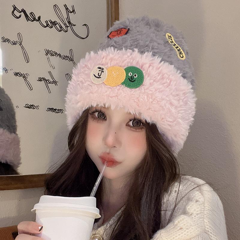 

Допаминовая пушистая шапка, милая тканевая теплая шапка со смайликом, защитная шапка для ушей, осенне-зимняя студенческая велосипедная универсальная теплая вязаная шапка