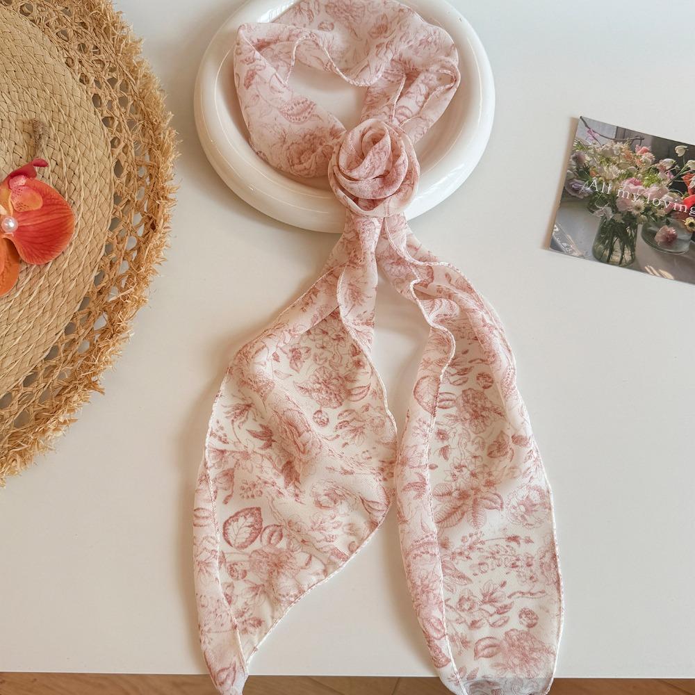 

New Floral Chiffon Scarf DIY Tie Soft Long Skinny Scarf Removable Flower Elegant Rose Scarf Women