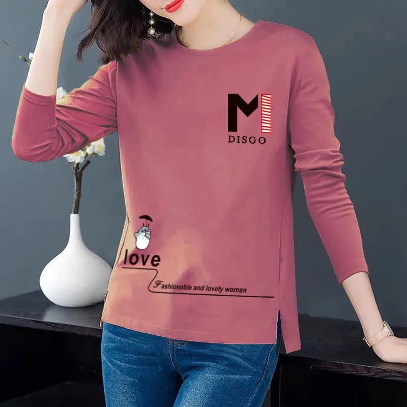 M Print Pullover Spring Women T-Shirt Long Sleeve Bottoming Shirt Casual Split Top