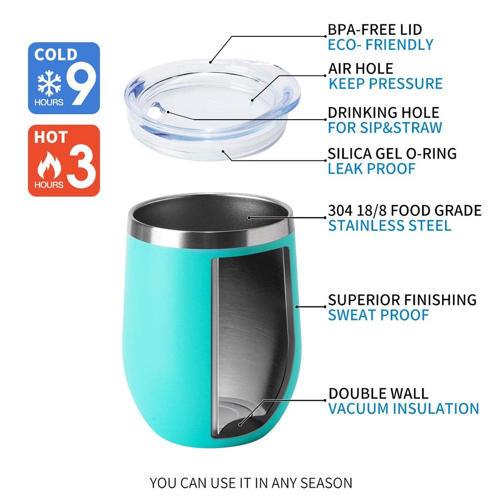 HASLE OUTFITTERS 12 Lidded Wine Stemless Wine Vacuum Travel Stainless Steel Coffee Cups for Cold and Hot and Pack of Light Blue oz. Tumblers, Glasses,