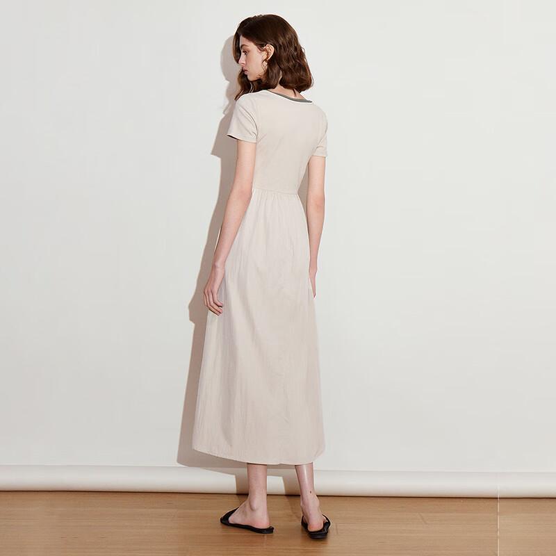 Chuyu Color-block Faux Two-Piece U-Neck Short-Sleeve A-Line Midi Dress