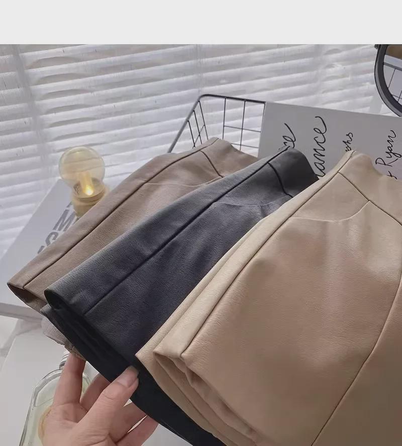 Women's High-Waist PU Leather Wide-Leg A-Line Shorts - Korean Fashion for Autumn/Winter