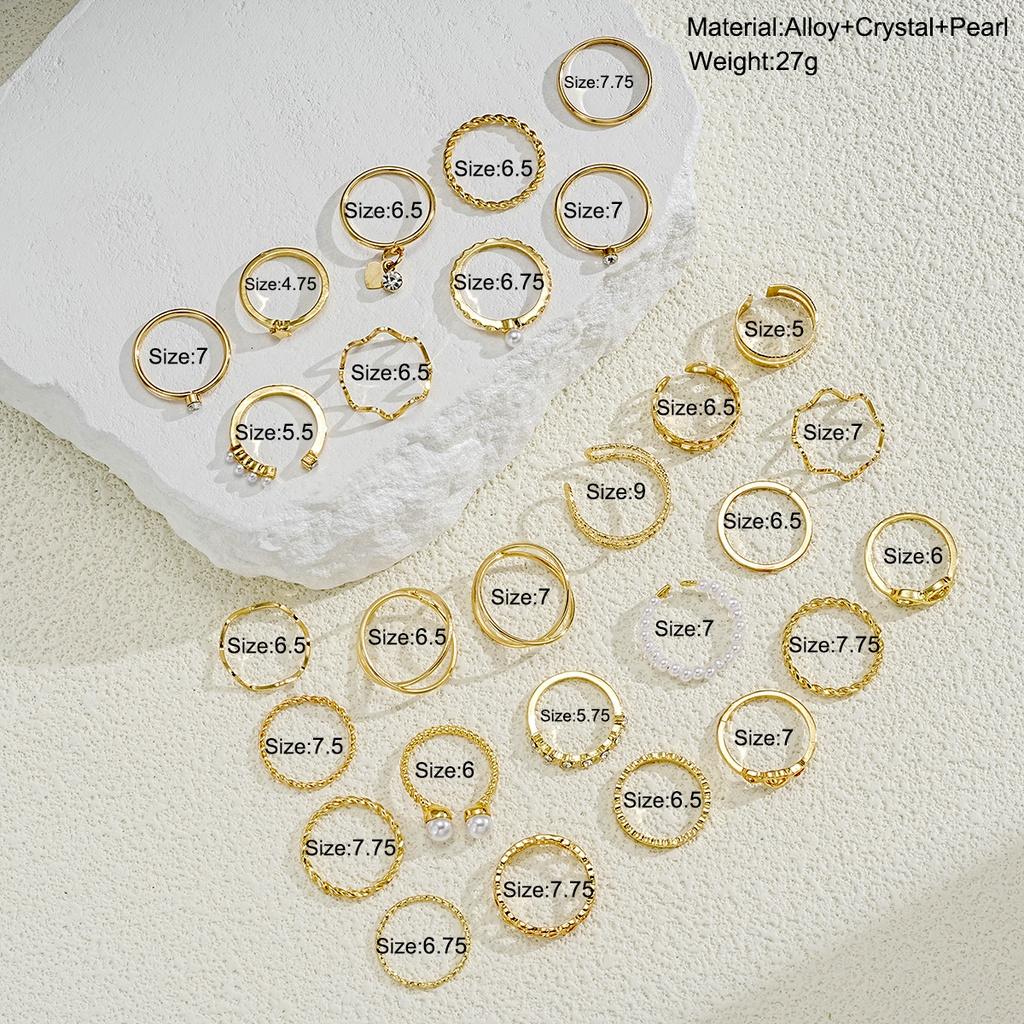 28Pcs/set Cross Wave Ring Set Pearl Crystal Gold Rings for Women Jewelry Accessories