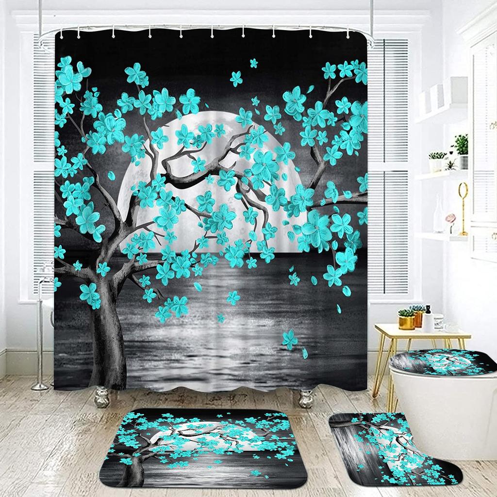 Moon Phase Moonlit Shower Curtain Set Black Celestial Flower Floral Herbs Ivy Surrounded Vines Toilet Lid Cover Bath Mat Rug Set