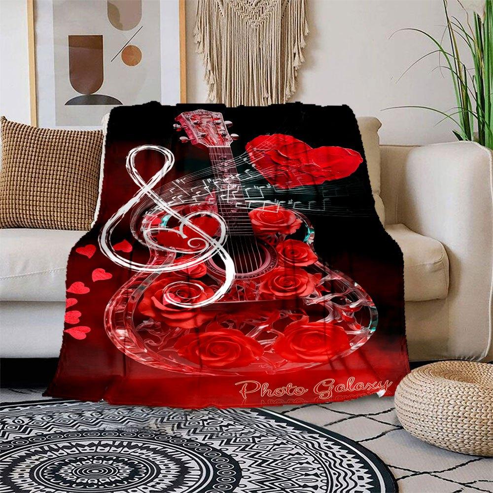 Red Rose Acoustic Guitar Music Notes Wall Art Print Poster Blanket Flannel Throw Blanket for Sofa, Bed, Travel, Camping, Office 100x150cm