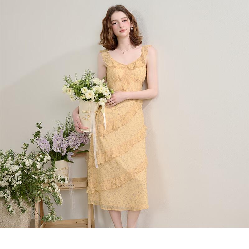 

Women s French Retro Floral Ruffle V-Neck Summer Dress S