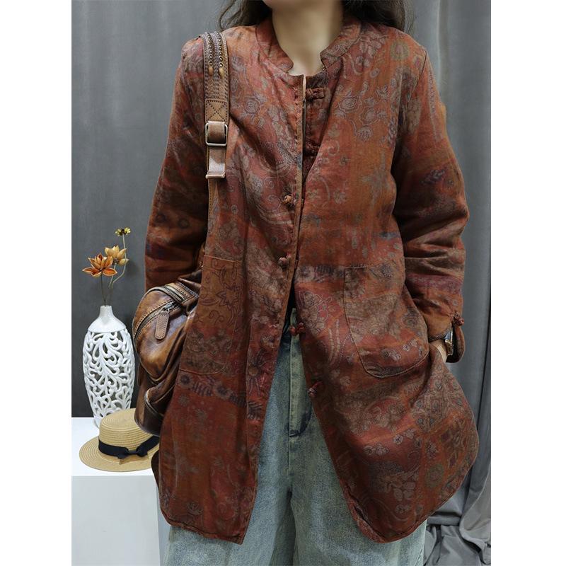 2026 Autumn Retro Print Women's Cotton-Linen Mid-Length Casual Frog Button Jacket