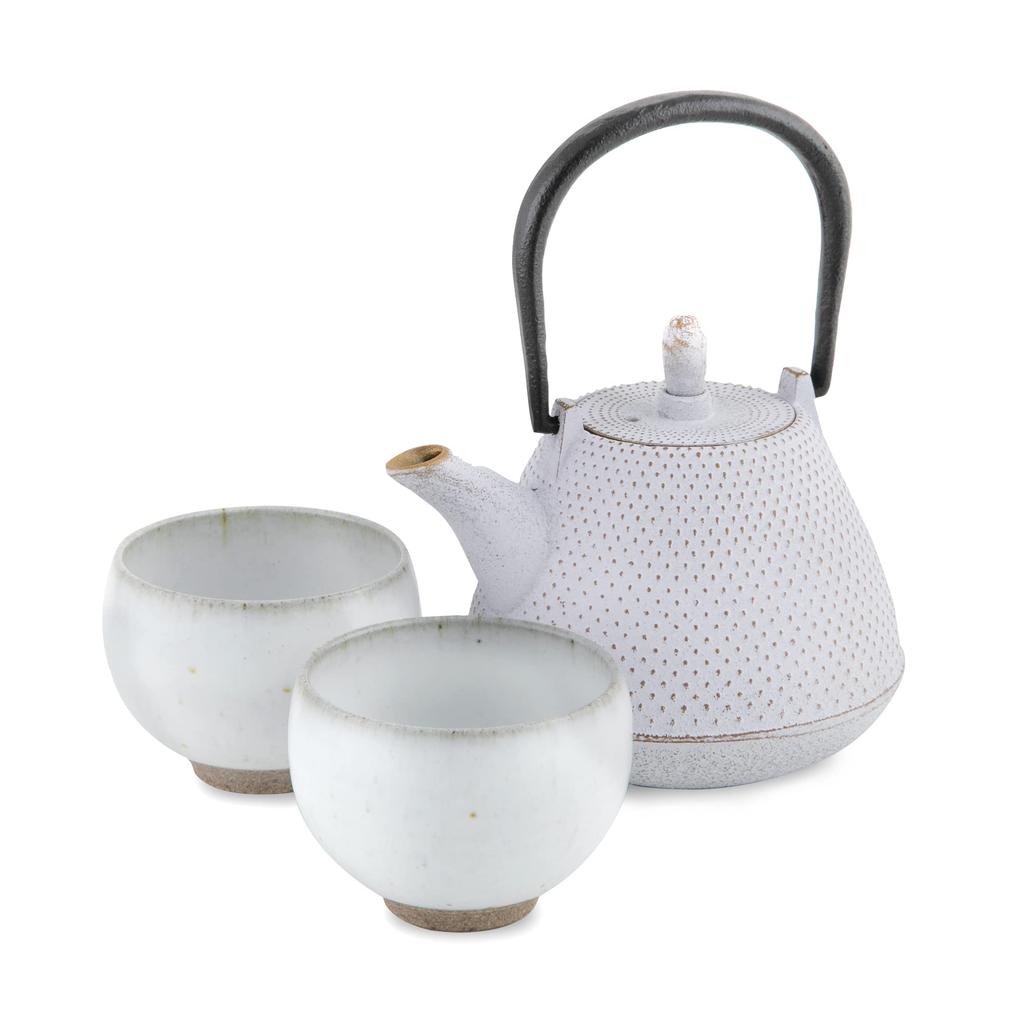 Nanbu Iron Teapot and Teacup Set Dome White Made In Japan with Enameled Interior and Tea Strainer Logia Seiryu Traditional Japanese Tea Pot Souvenir