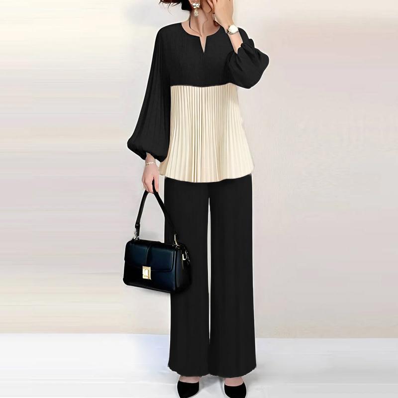 ZANZEA Damen Langarm Patchwork Bluse und Hose Lässige Zweiteilige Anzugsets