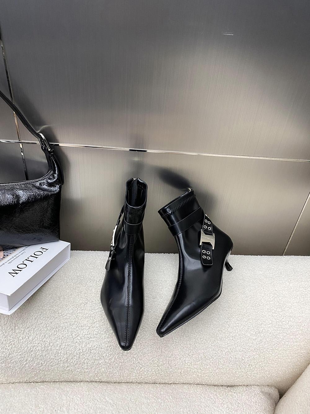 

мода 2024 Новинки Модные женские ботильоны Острый носок Пряжка на ремне Тонкий средний каблук Черный Коричневый Бежевый Задняя молния Короткие ботинки 40 250 чёрный