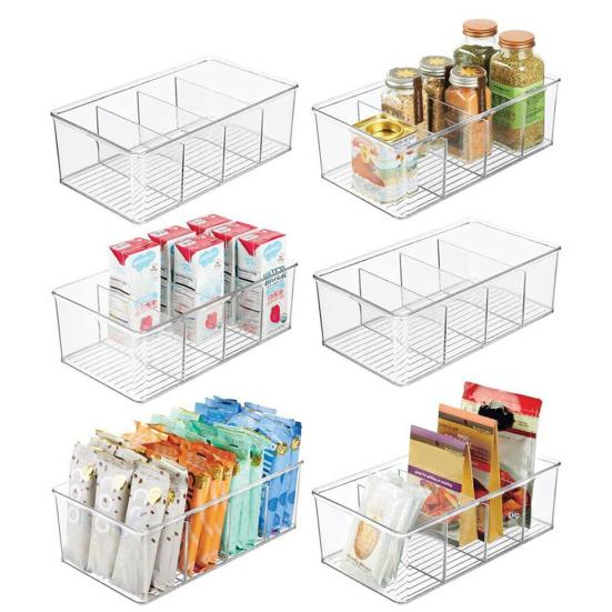 Clear Storage Box Stackable Large Capacity 4 Compartments Countertop Food Snack Seasoning Divider Refrigerator Organizer Kitchen Supplies