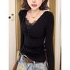 Plus Size Velvet Lace Long Sleeve Warm Top - Stylish Korean Autumn Winter Loose Fit