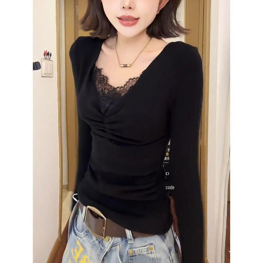 Plus Size Velvet Lace Long Sleeve Warm Top - Stylish Korean Autumn Winter Loose Fit