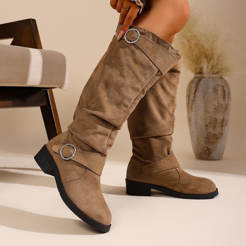 Europe, America, autumn and winter new solid color belt buckle large size round head high tube fashion boots casual boots