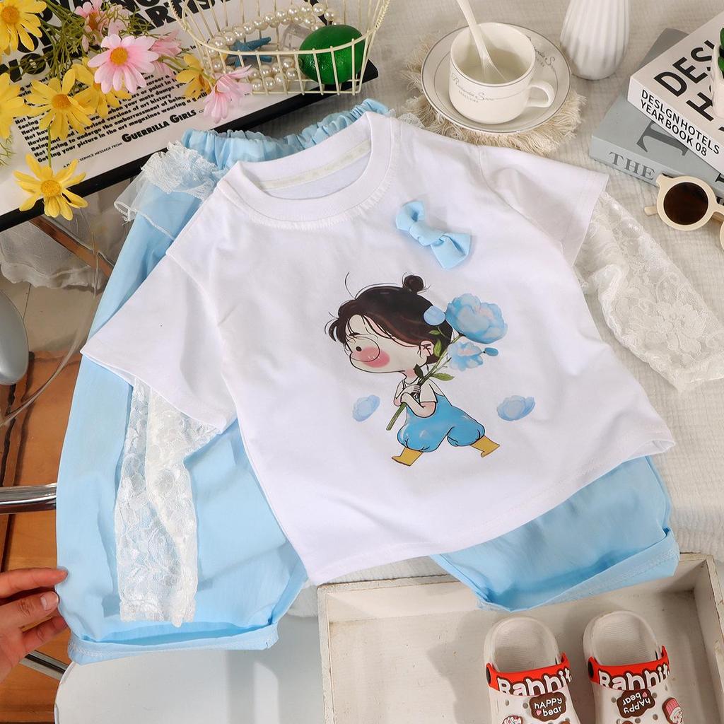 Summer Baby Girl 3D Print Lace Cotton Mosquito-Proof Two-Piece Short Sleeve Set