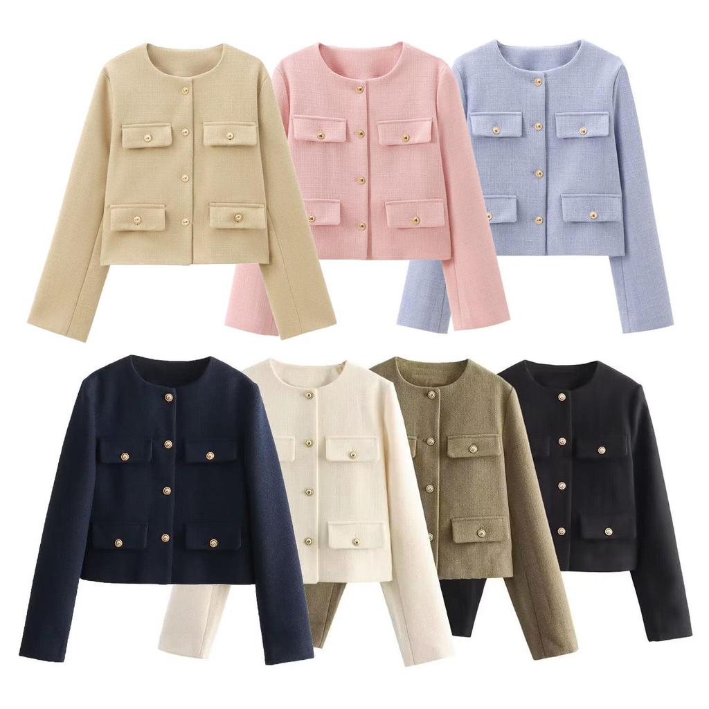 2024 Autumn Women's Pocket Crew Neck Fashion Coat