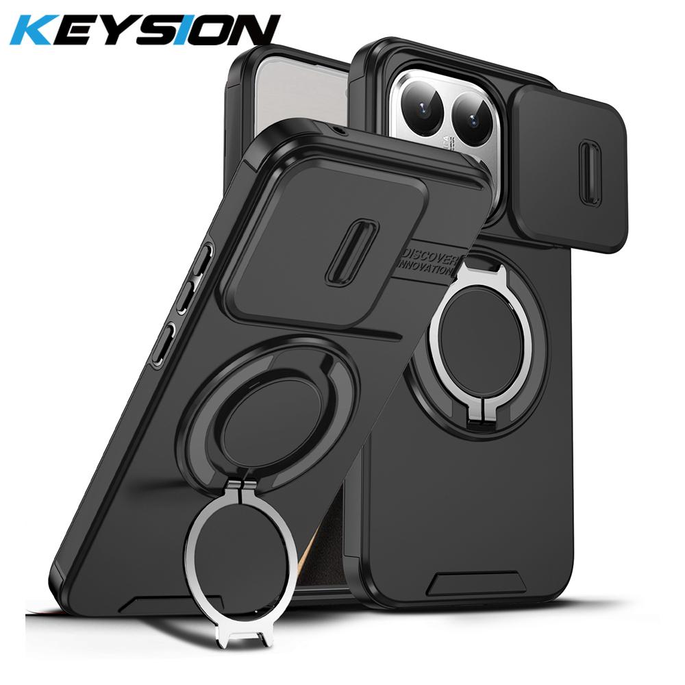KEYSION 360° Rotating Ring Stand Phone Case for Xiaomi 15T 15T Pro Silicone+PC Slide Camera Protection Magnetic Shockproof Cover