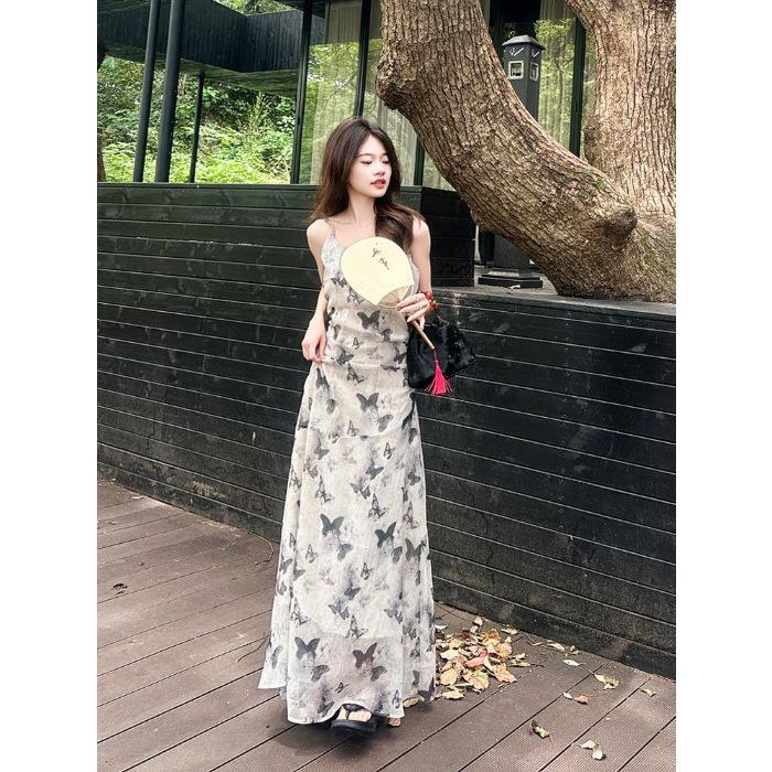 New Chinese ink butterfly printing suspender dress femininity long skirt 2026 summer new S