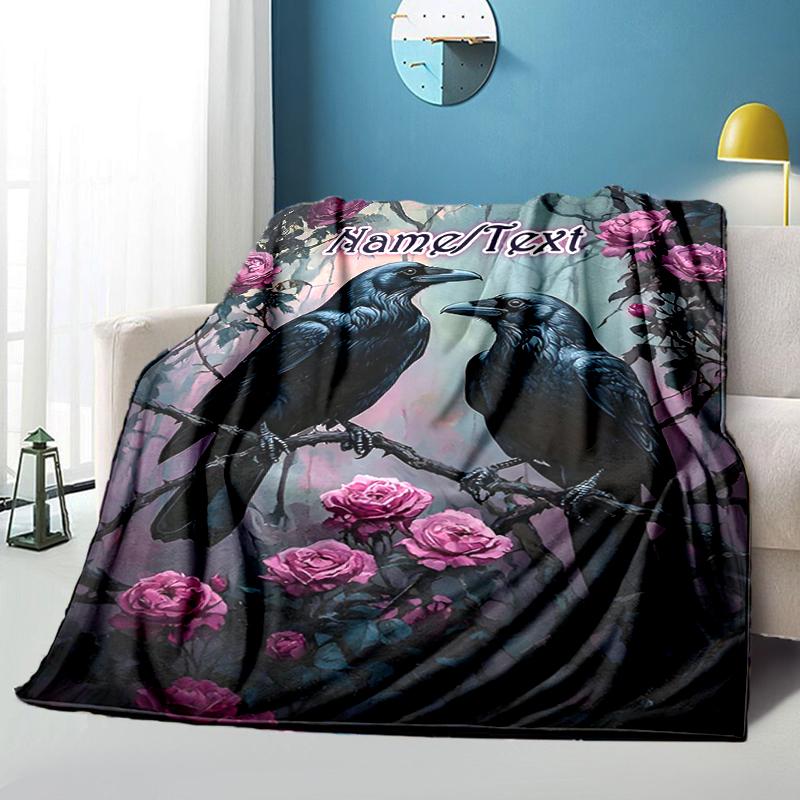 1PC Custom Name Ravens Roses Fantasy Art Flannel Blanket Versatile,all-season Throw Suitable for the Living Room,bedroom,camping,travel,and Gift