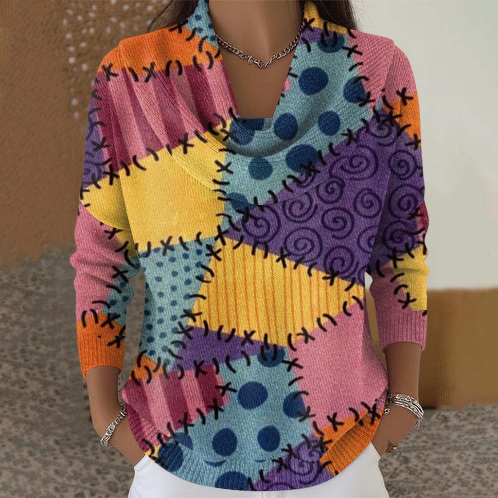 Dámský ležérní a módní svetr s dlouhým rukávem a potiskem, kulatým výstřihem