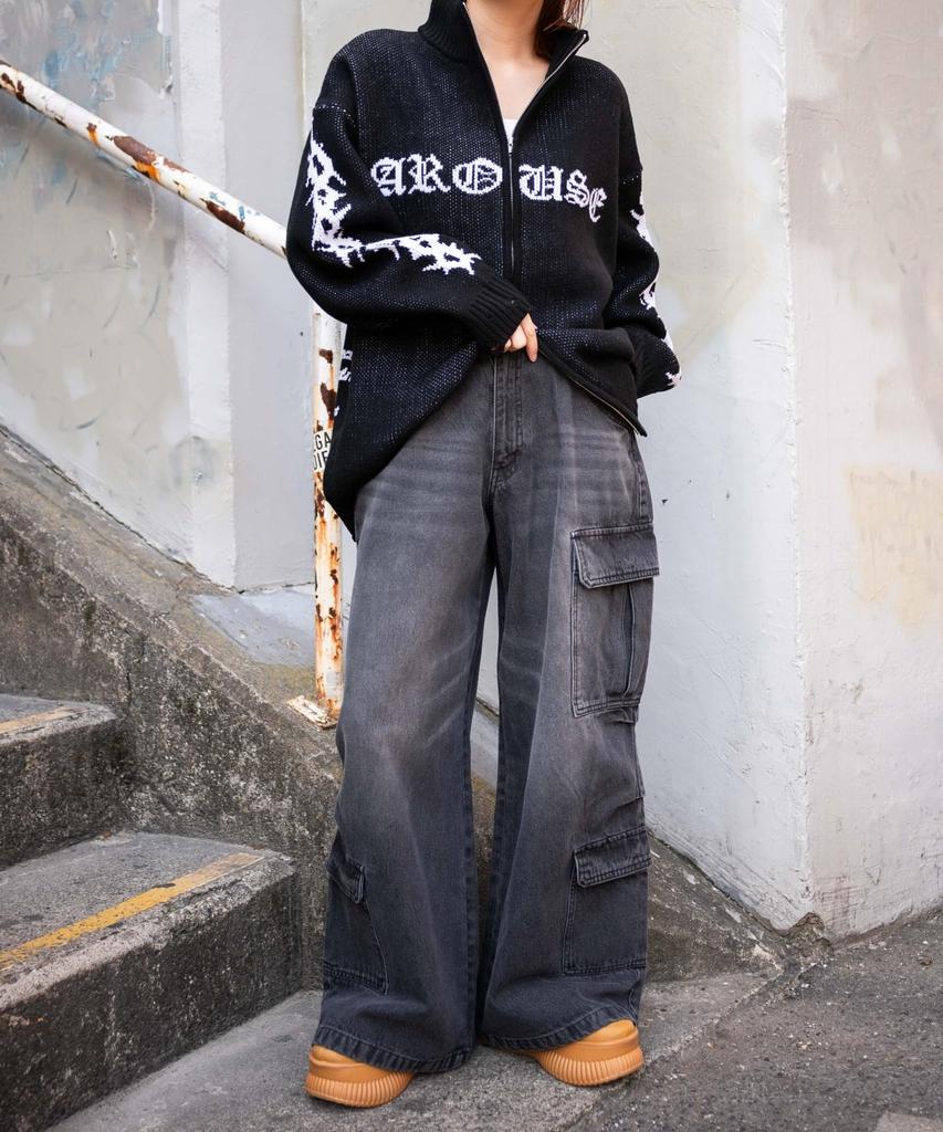 WEGO Vintage Wash Baggy Cargo Korean Dance Size Black Pants, Wide-Leg Trousers, Trousers, Bottoms, Streetwear, Casual, Style, Wear, Spring, Summer,
