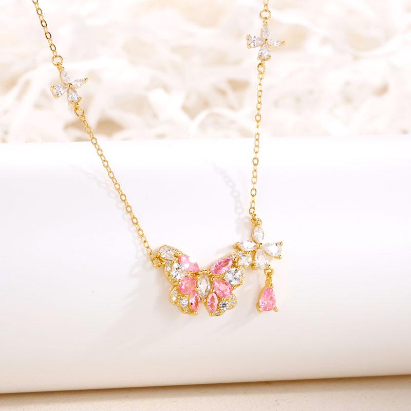 

S925 Sterling Silver Dawn Butterfly & Four-Leaf Clover Necklace with Pink Sparkling Diamond Pendant for Women 925 Silver золотой