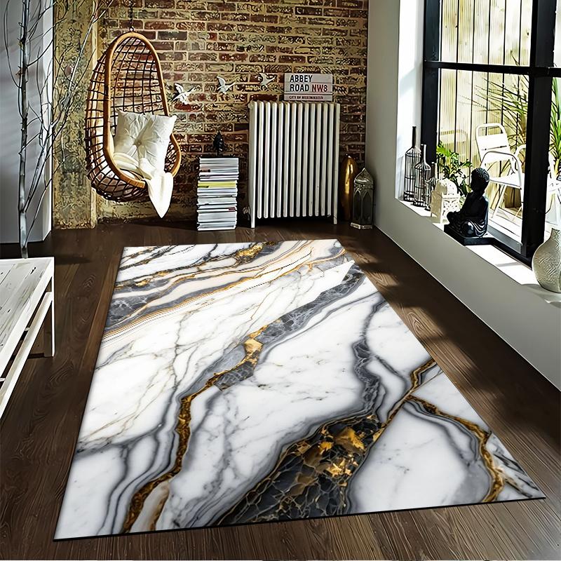 Marble Design Carpet with White, Black, and Gold Streaks for Bedroom Suitable for use as an anti-slip for living room bedroom sofas