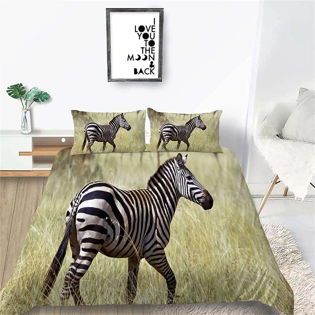 Zebra Duvet Cover Set King Queen Size Polyester Comforter Cover Black And White Stripe Wild Animals For Kids Teens Bedding Set