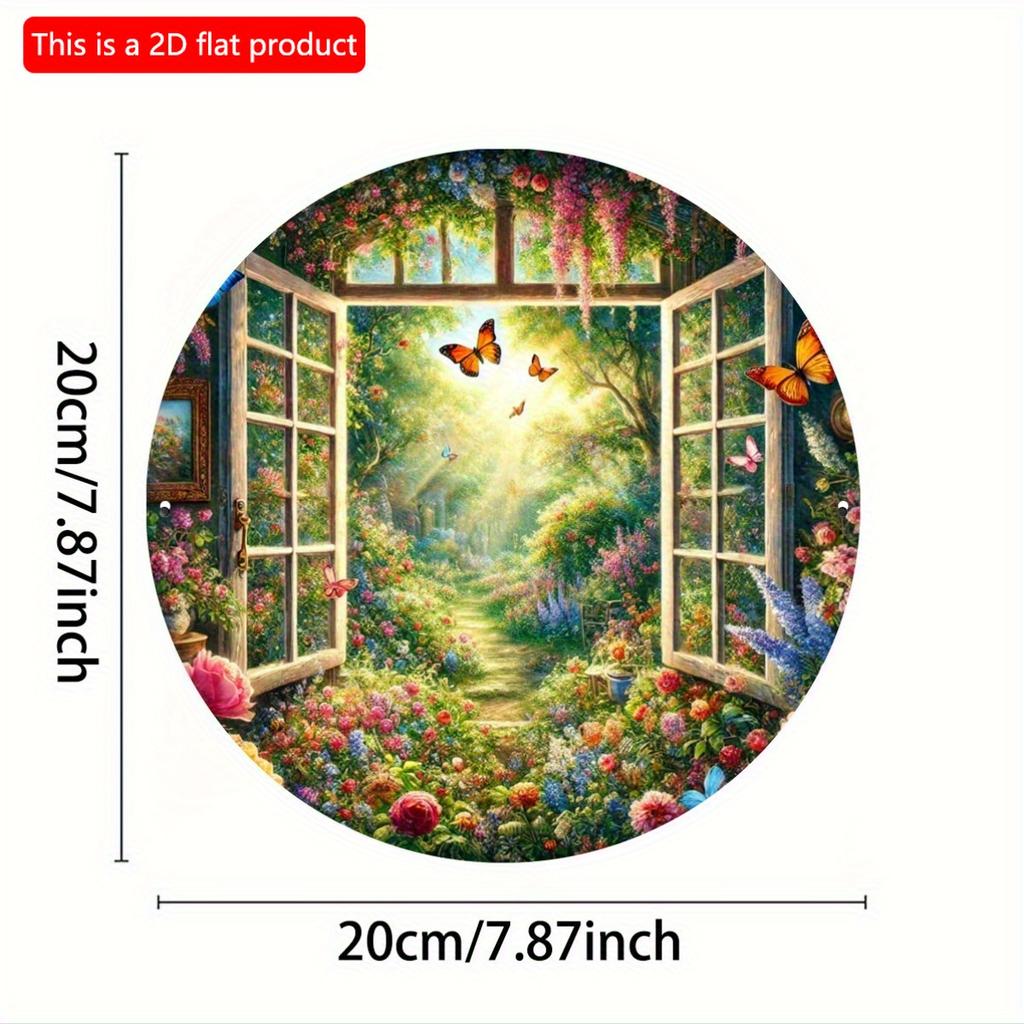 2d Flat 20*20cm Circular Wooden Sign, Retro Windowsill Garden Flower Design, Novel Hippie Decoration Sign, Suitable for Courtyards, Gardening, Offices