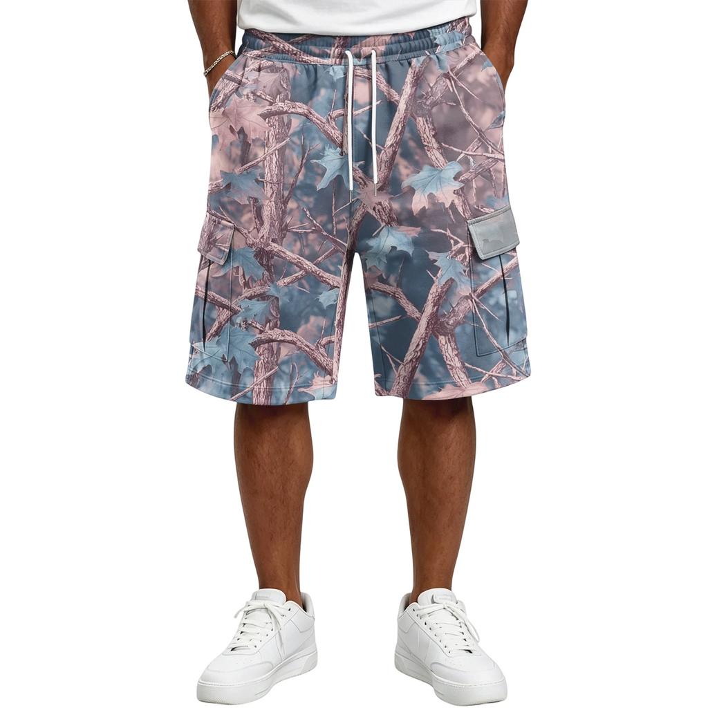 Men's Tree Camouflage Drawstring Shorts, Casual Relaxed Loose Fit Short Pants for Summer, Outdoor, Daily Activities