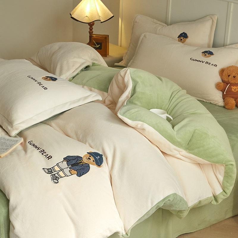 Thickened Milk Fleece Four-Piece Children'S Coral Flannel Quilt Cover, Bed Sheet Fleece Embroidery Bedding