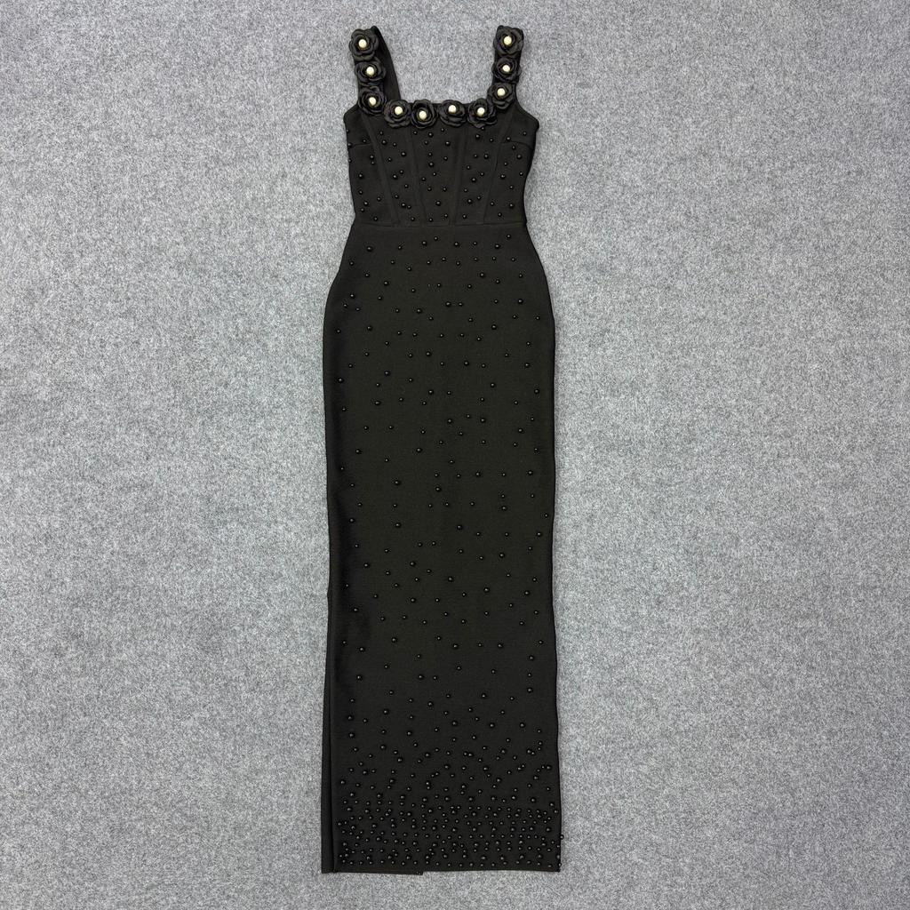 Elegante Vestido de Noite Bandage Quadrado com Alças Finas e Contas