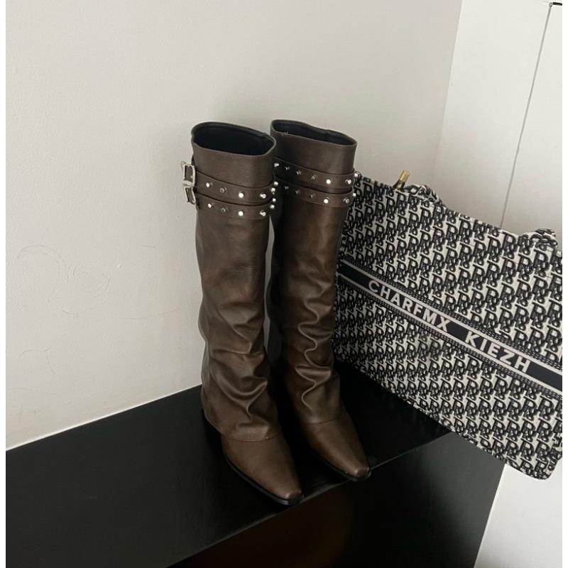 

2025 autumn and winter new retro rivet knight boots thin boots stacking boots long boots small women s boots trousers 40 темные хаки