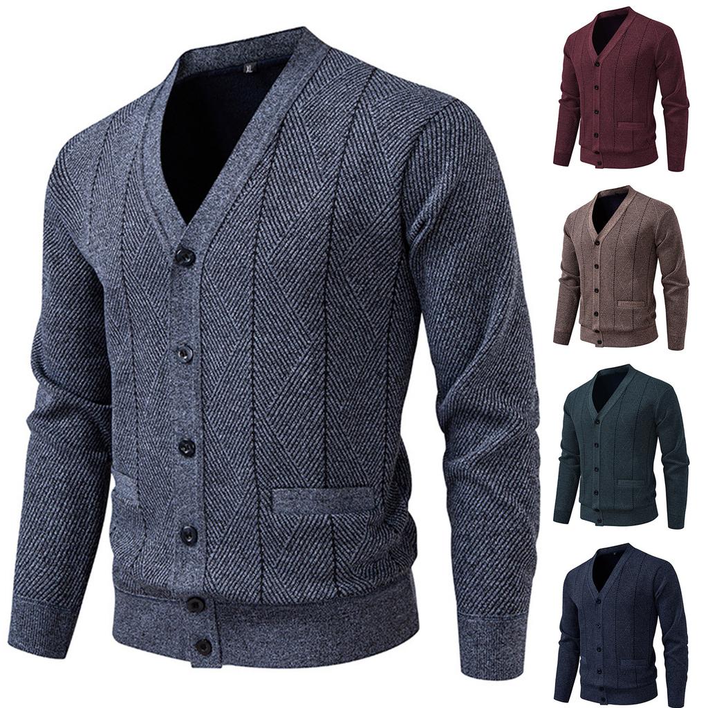 Men's Solid Color Textured Casual Plus Velvet Casual Sports Slim Sweater Needle Cardigan Jacket