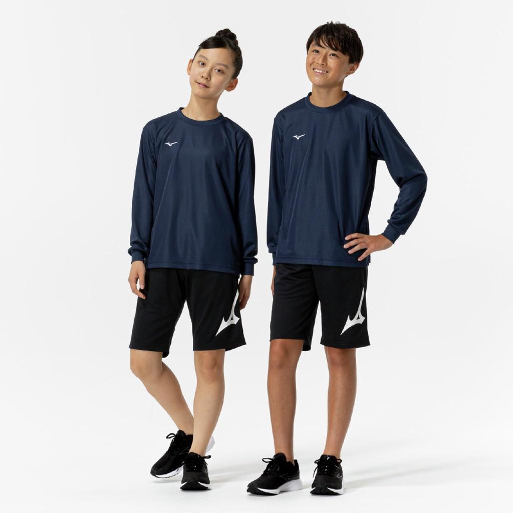 Mizuno NaviDry Long Sleeve Dress Size 160 Kids' T-Shirt, U-Neck, Moisture-Wicking, Quick-Drying, Undershirt, 32MAC495, Navy/White,