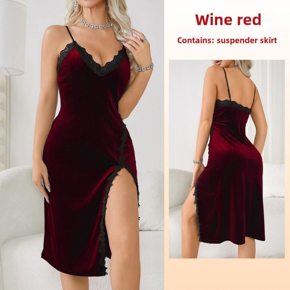 Sexy Deep V Pajamas Women's Long Suspender Nightgown Velvet Lace Seduction Backless Loungewear