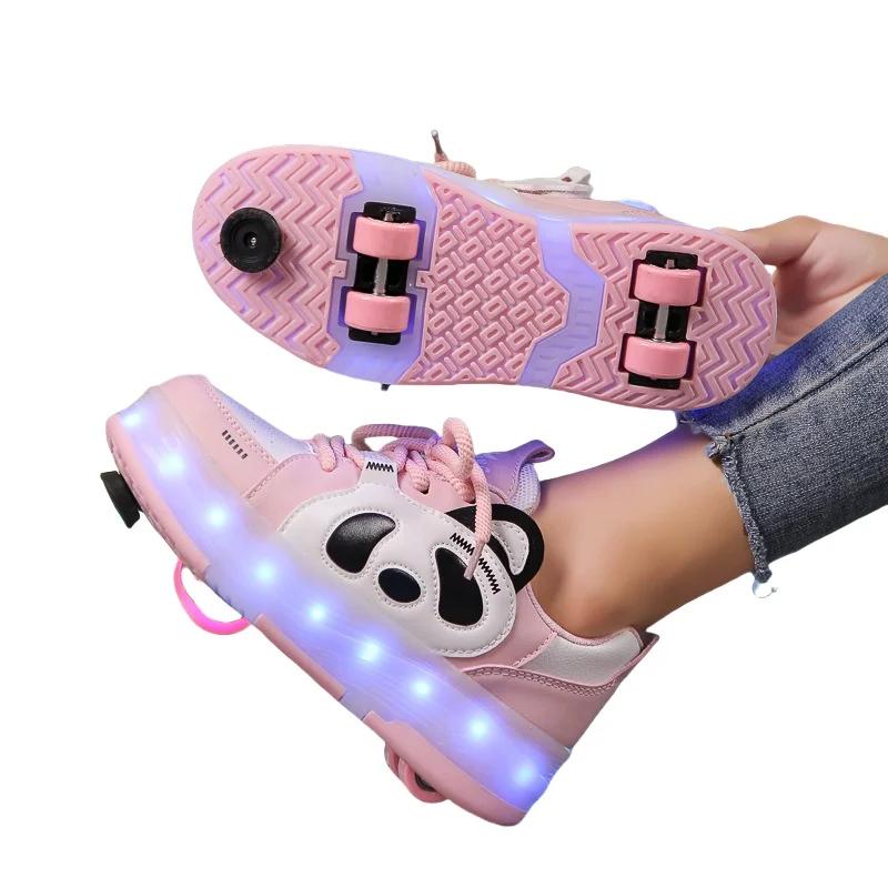 Kid Sneakers Luminous Removeable 4 Wheels Roller Skates USB Charge Wing Panda Sport Casual Skateboard Shoes Girls Boys Skates