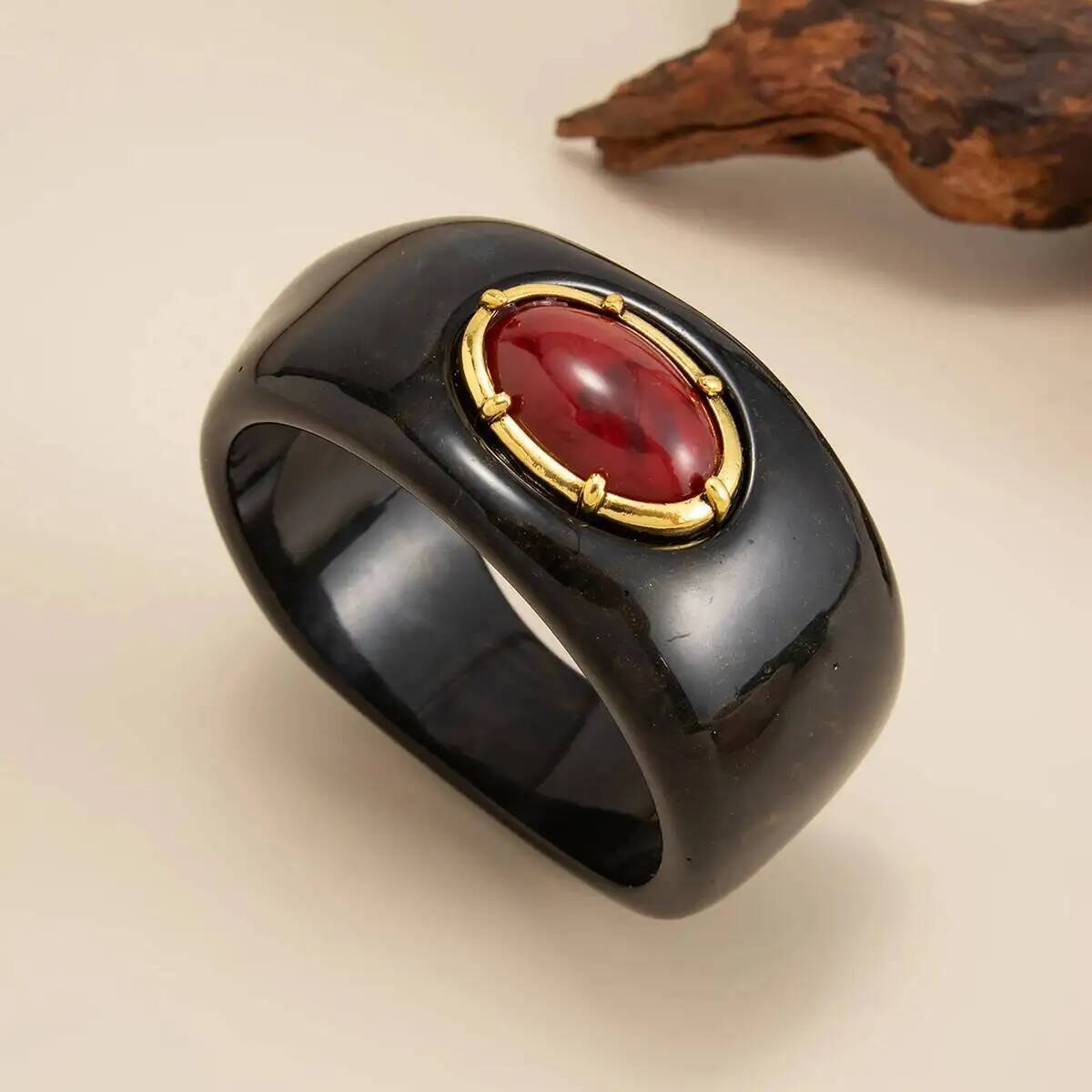 IngeSight.Z Retro Exaggerated Inlay Red Stone Resin Acrylic Stack Bracelet Women Punk Geometric Chunky Wide Cuff Bangle Jewelry