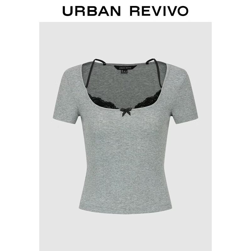 

UR Women s Color-block Faux Two-piece Lace U-neck T-shirt S