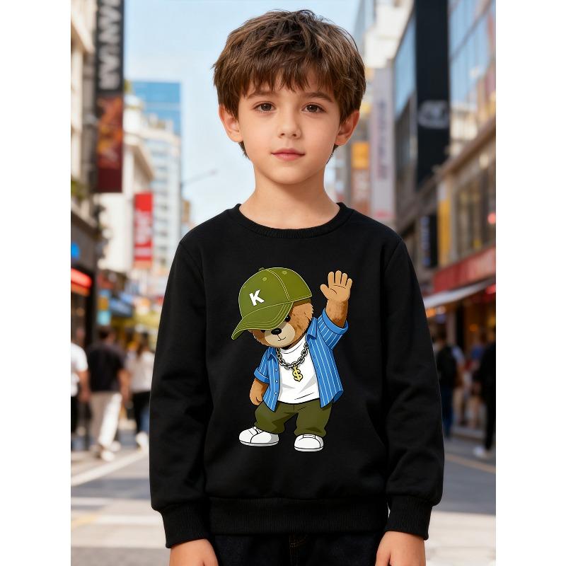 European Sizes Kids' Fashion Round-neck Pullover, Long-sleeved Top , Featuring Cartoon Bear Print, Suitable for Daily Casual Wear