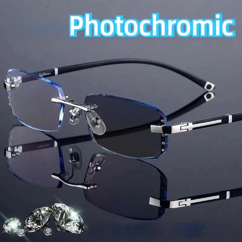 Trendy Rimless Pochromic Reading Glasses Men Women Luxury Diamond Eyeglasses Retro Outdoor Anti-UV Presbyopia Eyewear