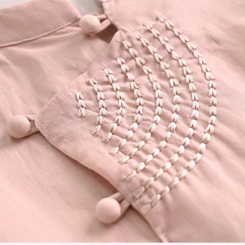 Johnature Women Embroidery Floral Vintage Dress Stand Half Sleeve Solid Color Summer Button Ramie A-Line Dress