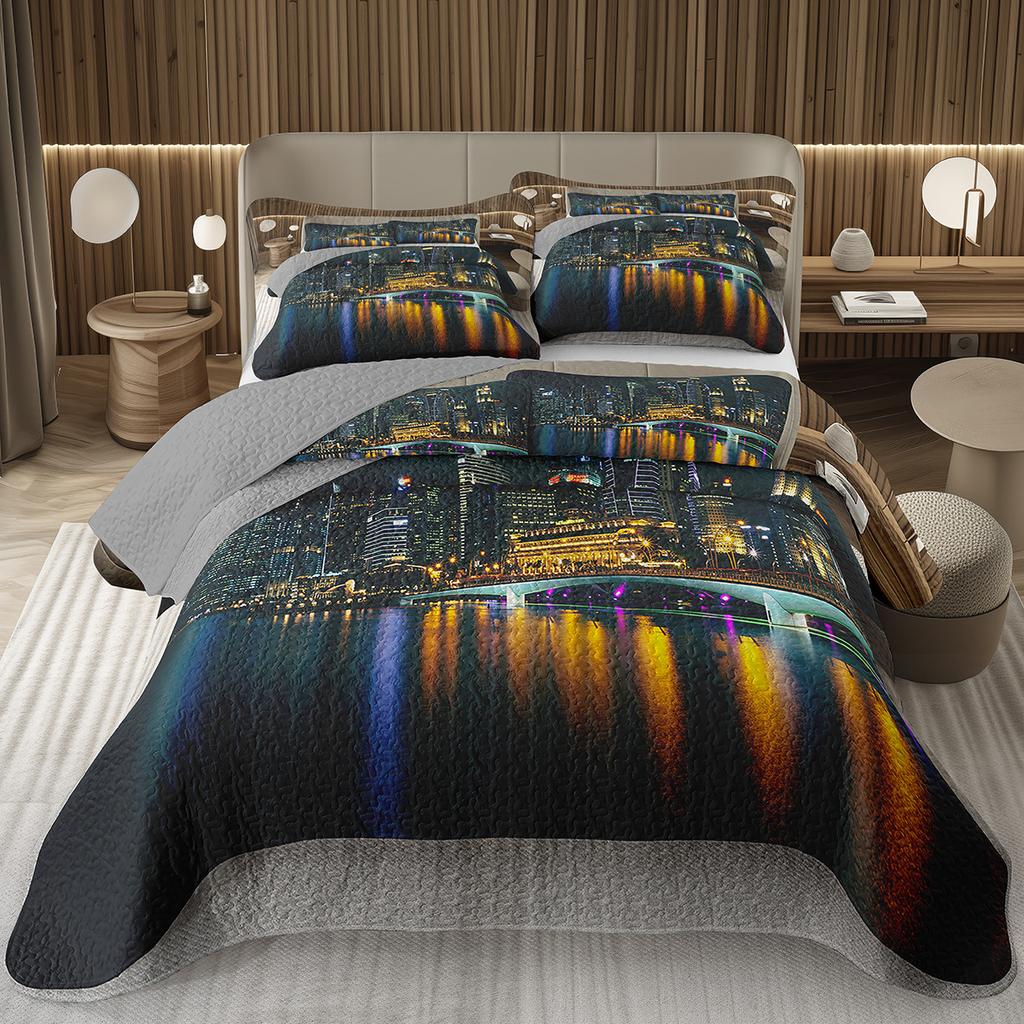City Landscape Quilted Bedspread Set Cityscape Artwork Queen Bedding Set Colorful River Business District Coverlet For Girls Man