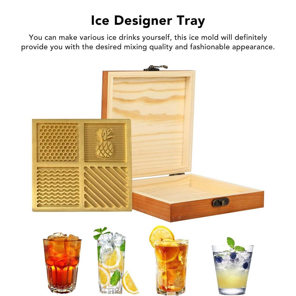 Ice Designer Tray, Craft Modern Ice Mold Cube Stamping Plate with 4 Patterns, Brass Ice Designer Ice Cube Mold Ice Stamp for Cocktails and Whiskey