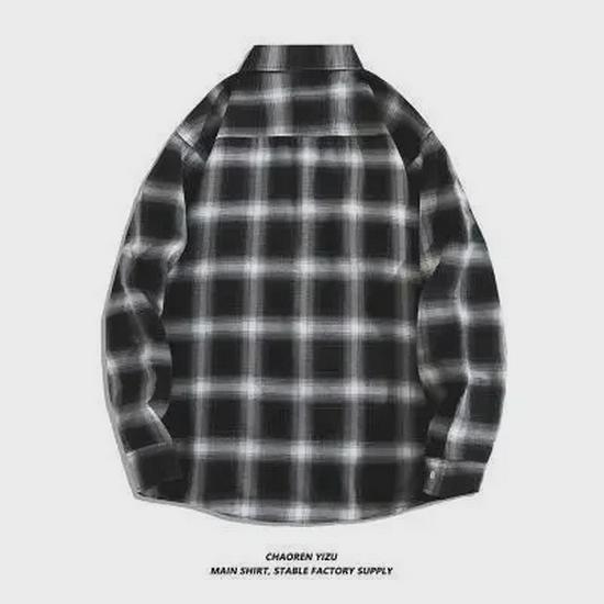 Men's Korean-Style Black and White Plaid Long-Sleeve Casual Shirt